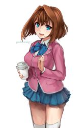 Rule 34 | 1girl, blazer, blue eyes, blush, breasts, brown hair, ch2o, cowboy shot, cup, english text, hair intakes, highres, jacket, large breasts, mazaki anzu, over-kneehighs, parted lips, school uniform, short hair, skirt, smile, solo, thighhighs, white thighhighs, yu-gi-oh!, yu-gi-oh! duel monsters, zettai ryouiki