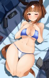 Rule 34 | 1girl, alternate costume, animal ears, bed, bikini, blue bikini, blush, breasts, brown hair, cleavage, commentary request, highres, horse ears, horse girl, horse tail, komb, large breasts, looking at viewer, lying, multicolored hair, navel, on back, on bed, one eye closed, red eyes, short hair, smile, solo, streaked hair, swimsuit, tail, tongue, tongue out, transcend (umamusume), umamusume, white hair