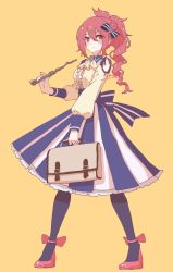 Rule 34 | 1girl, bag, black pantyhose, blue skirt, blush, collared shirt, commentary request, dress, drill hair, full body, hair between eyes, hair ornament, hair ribbon, high heels, highres, holding, holding bag, holding wand, kagawa yuusaku, long hair, looking at viewer, multicolored clothes, multicolored skirt, original, pantyhose, pink footwear, ponytail, red hair, ribbon, shirt, simple background, skirt, solo, tan shirt, wand, white skirt, wrist ribbon, x hair ornament, yellow background, yellow eyes