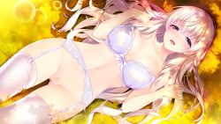 Rule 34 | 1girl, bra, braid, breasts, censored, cleavage, collarbone, dappled sunlight, from above, game cg, garter belt, hair between eyes, half-closed eyes, large breasts, lens flare, lingerie, long hair, looking at viewer, lying, mosaic censoring, navel, no panties, official art, on back, open mouth, purple eyes, pussy, pussy juice, renjouji mai, secret agent ~kishi gakuen no shinobi naru mono~, silver hair, solo, sunlight, thighhighs, underwear, very long hair, white bra, white thighhighs
