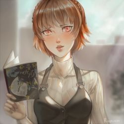 Rule 34 | 10s, 1girl, artist name, blush, book, braid, breasts, brown hair, crossover, crown braid, hairband, halterneck, highres, holding, holding book, long sleeves, looking at viewer, medium breasts, niijima makoto, open mouth, persona, persona 3, persona 5, portrait, ragecndy, red eyes, short hair, turtleneck, upper body, yuuki makoto (persona 3)
