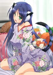 Rule 34 | 1girl, :d, absurdres, animal ears, bare shoulders, barefoot, bed, bed sheet, blue hair, breasts, collarbone, cropped, curtains, day, floral print, frilled pillow, frills, green eyes, hair between eyes, head tilt, heart, heart-shaped pillow, heart print, highres, indoors, izumi mahiru, japanese clothes, kimono, large breasts, long sleeves, looking at viewer, obi, off shoulder, on bed, open mouth, original, pillow, sash, scan, sitting, smile, solo, tail, teeth, tiger ears, tiger tail, tongue, toranoana, unmoving pattern, upper teeth only, wariza, wide sleeves, yukata
