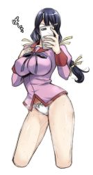 Rule 34 | 1girl, absurdres, bakemonogatari, black hair, bow, bow panties, braid, breast suppress, breasts, cellphone, covered face, cowboy shot, cropped legs, facing viewer, glasses, hair ornament, hairclip, hanekawa tsubasa, highres, impossible clothes, impossible shirt, itachou, long hair, medium breasts, monogatari (series), naoetsu high school uniform, no pants, panties, phone, pink shirt, school uniform, selfie, shirt, simple background, sketch, smartphone, solo, standing, sweat, taking picture, twin braids, underwear, white background, white panties
