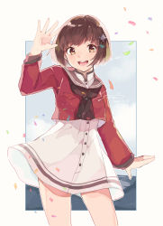Rule 34 | 1girl, brown eyes, brown hair, brown neckerchief, cowboy shot, dress, grey sailor collar, hair ornament, hairclip, highres, hiroi09, kantai collection, looking at viewer, neckerchief, open mouth, red shirt, round teeth, sailor collar, sailor dress, sailor shirt, shirt, smile, solo, standing, tan yang (kancolle), teeth, upper teeth only, waving, white dress, yukikaze (kancolle)