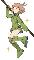 Rule 34 | 1girl, belt, bob cut, boots, breasts, brown hair, closed mouth, feather hair, from side, full body, gloves, green eyes, green footwear, green gloves, green shorts, hand up, highres, holding, holding polearm, holding weapon, knee boots, konami kirie, long sleeves, looking at viewer, looking to the side, nana 0253, polearm, shoe soles, short hair, shorts, simple background, small breasts, smile, solo, sparkle, weapon, white background, world trigger