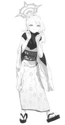 Rule 34 | 1girl, absurdres, blue archive, double v, floral print, flower, full body, fur collar, greyscale, grin, hair flower, hair ornament, halo, highres, japanese clothes, jiryu50610218, kimono, long hair, looking at viewer, monochrome, mutsuki (blue archive), mutsuki (new year) (blue archive), obi, pointy ears, sash, simple background, smile, solo, standing, v, wide sleeves