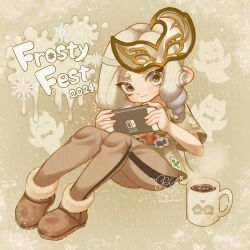 Rule 34 | 2024, :3, blush, boots, brown eyes, cup, drill hair, full body, fur-trimmed boots, fur trim, gradient hair, handheld game console, highres, holding, holding handheld game console, mask, mask on head, mug, multicolored hair, nintendo, nintendo switch, octoling, octoling girl, octoling player character, pants, short sleeves, sitting, smile, snowflakes, splatoon (series), tentacle hair, thick eyebrows, white hair, yume harukasumi