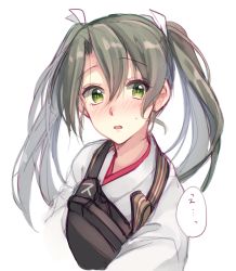 Rule 34 | 1girl, 916200, armor, blush, breastplate, floating hair, green eyes, green hair, hair between eyes, hair ribbon, japanese clothes, kantai collection, kimono, long hair, looking at viewer, open mouth, ribbon, simple background, sketch, solo, speech bubble, sweatdrop, twintails, upper body, white background, white kimono, white ribbon, zuikaku (kancolle)