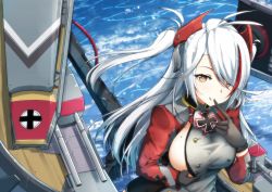 Rule 34 | 1girl, :p, antenna hair, artist request, azur lane, black gloves, breasts, clothes pull, cross, dress pull, finger to mouth, floating hair, gloves, hair between eyes, highres, iron cross, large breasts, long hair, looking at viewer, machinery, mole, mole on breast, multicolored hair, outdoors, prinz eugen (azur lane), pulled by self, red hair, silver hair, smile, solo, streaked hair, swept bangs, tongue, tongue out, turret, two side up, very long hair