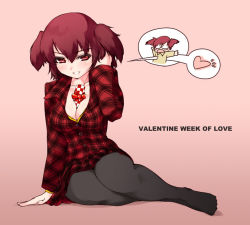 Rule 34 | 1girl, breasts, female focus, full body, gradient background, heart, nekohige, pantyhose, red hair, short hair, sitting, solo, valentine