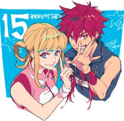 Rule 34 | 1boy, 1girl, aft5, anniversary, apollo (aquarion), aquarion (series), blonde hair, blue eyes, couple, fang, fang out, looking to the side, open hand, pointing, red hair, silvia de alisia, sousei no aquarion, v-shaped eyebrows, yellow eyes