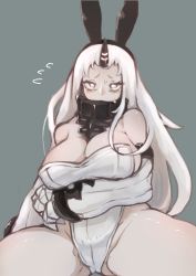 Rule 34 | 10s, 1girl, abyssal ship, adapted costume, animal ears, breasts, rabbit ears, claws, colored skin, covered mouth, detached sleeves, fake animal ears, highres, horns, kantai collection, large breasts, leotard, long hair, looking at viewer, mittens, pale skin, playboy bunny, red eyes, seaport princess, single horn, strapless, strapless leotard, very long hair, white hair, white skin, yeti (mu kaiten)