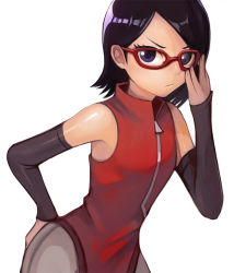 Rule 34 | &gt;:/, 10s, 1girl, :/, armpits, bare shoulders, black hair, blue eyes, boruto: naruto next generations, closed mouth, commentary, detached sleeves, glasses, hand on own ass, jacket, looking at viewer, medium hair, naruto (series), parted bangs, red-framed eyewear, red hair, red jacket, simple background, sleeveless, sleeveless jacket, solo, sookmo, standing, uchiha sarada, upper body, v-shaped eyebrows, white background, zipper