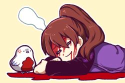 Rule 34 | 1girl, = =, bird, black sleeves, bleeding, bleeding from forehead, blood, blood from mouth, brown hair, closed eyes, closed mouth, coat, commentary request, e.g.o (project moon), employee (project moon), hatake shimeji, lobotomy corporation, long hair, long sleeves, outline, ponytail, pool of blood, project moon, punishing bird, purple coat, simple background, smile, white bird, white outline, yellow background