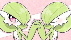 Rule 34 | . ., 2girls, back, black eyes, bob cut, closed mouth, colored skin, creatures (company), ditto, dot mouth, female focus, from behind, game freak, gardevoir, gen 1 pokemon, gen 3 pokemon, green hair, green skin, hair over one eye, hand up, happy, heart, heart in eye, holding hands, interlocked fingers, looking at viewer, looking back, multicolored skin, multiple girls, nintendo, one eye covered, outline, pink background, pink outline, pokemon, pokemon (creature), red eyes, short hair, smile, standing, star (symbol), symbol in eye, symmetry, transformed ditto, two-tone skin, upper body, white skin, yuri (fl0werspace)