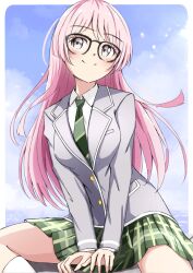 Rule 34 | 1girl, bang dream!, bang dream! it&#039;s mygo!!!!!, black-framed eyewear, blue sky, blush, border, breast pocket, breasts, buttons, chihaya anon, closed mouth, collared shirt, commentary, day, diagonal-striped clothes, diagonal-striped necktie, feet out of frame, glasses, green necktie, green skirt, grey eyes, grey jacket, haneoka school uniform, hidemu, jacket, lapels, long hair, long sleeves, looking to the side, medium breasts, necktie, notched lapels, outdoors, outside border, pink hair, plaid, plaid skirt, pleated skirt, pocket, rounded corners, school uniform, shirt, sitting, skirt, sky, smile, socks, solo, striped clothes, white border, white socks, white trim