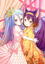 Rule 34 | 10s, 2girls, :3, animal ears, bad id, bad pixiv id, blue hair, bow, brown hair, crown, dress, female focus, fox ears, fox tail, frilled dress, frills, gown, gradient hair, hair between eyes, hairband, hatsuse izuna, japanese clothes, long dress, long hair, looking at viewer, multicolored hair, multiple girls, no game no life, pink eyes, purple hair, queen, ribbon, shiro (no game no life), short hair, side ponytail, sumikko no aria, tail, very long hair, yellow eyes