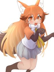 1girl absurdres animal_ears black_socks blush bow bowtie brown_gloves brown_hair elbow_gloves extra_ears fang fox_ears fox_girl fox_tail gloves grey_skirt hair_between_eyes highres kemono_friends long_hair multicolored_hair necktie open_mouth orange_eyes orange_hair orange_necktie orange_shirt orange_sleeves paw_pose pleated_skirt red_fox_(kemono_friends) shirt short_sleeves sidelocks skirt socks solo tail takara_(takara0508) two-tone_shirt white_bow white_bowtie white_shirt