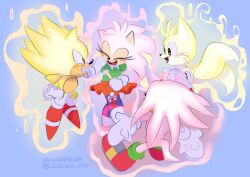 Rule 34 | 1girl, 3boys, amy rose, aura, blush, blush stickers, eyelashes, floating, glowing, hand on another&#039;s shoulder, happy, highres, knuckles the echidna, lucia88956289, multiple boys, shoes, skirt, smile, sneakers, sonic (series), sonic superstars, sonic the hedgehog, spiked knuckles, super amy rose, super knuckles, super sonic, super tails, tails (sonic)