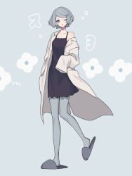 Rule 34 | 1girl, blue background, blue eyes, blue hair, blush stickers, dress, full body, hair ornament, hairclip, half-closed eyes, hand in pocket, highres, jacket, looking at viewer, maco22, off shoulder, one eye closed, open mouth, original, pantyhose, short hair, sleeveless, sleeveless dress, sleeves past fingers, sleeves past wrists, slippers, solo, standing, standing on one leg