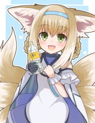 Rule 34 | 1girl, :d, animal ears, arknights, bare shoulders, black gloves, blonde hair, blue headband, bottle, braid, commentary request, detached sleeves, fox ears, fox girl, fox tail, frilled cuffs, gloves, green eyes, hair between eyes, hand up, headband, heart, holding, holding bottle, infection monitor (arknights), kitsune, kuwan4971, looking at viewer, open mouth, sidelocks, single glove, smile, solo, suzuran (arknights), tail, upper body, water bottle, wrist cuffs