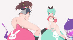 Rule 34 | 2girls, absurdres, anal, anal object insertion, ass, asymmetrical legwear, black ribbon, black socks, blurry, blurry foreground, bottomless, breasts, brown eyes, brown hair, collarbone, commentary request, crop top, d.va (overwatch), from behind, grey background, hair ribbon, headphones, heroes of the storm, highres, kneehighs, looking at viewer, masturbation, medium breasts, medium hair, motion lines, multiple girls, navel, nipples, no bra, object insertion, open mouth, orphea (heroes of the storm), overwatch, overwatch 1, ponytail, ribbon, short hair, short sleeves, simple background, socks, star-kiss, sweat, thighhighs, tongue, tongue out, uneven legwear