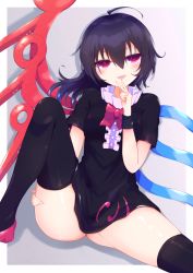 Rule 34 | 1girl, :d, asymmetrical wings, black dress, black hair, black thighhighs, blue wings, blush, center frills, dress, fingers to mouth, frills, hair between eyes, hand on own thigh, hand up, happy, highres, houjuu nue, knee up, legs, long hair, messy hair, open mouth, red eyes, red wings, short sleeves, sitting, skindentation, smile, solo, spread legs, thighhighs, thighs, tomoe (fdhs5855), touhou, upskirt, wings, wristband