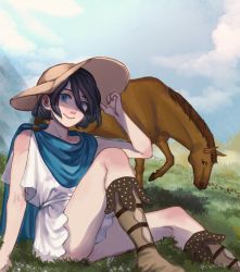 Rule 34 | 1girl, ancient greek clothes, black hair, blue eyes, brown footwear, brown hat, cape, capelin s, chiton, cloud, cloudy sky, flower, full body, grass, greco-roman clothes, hat, highres, horse, knees up, looking at viewer, original, outdoors, short hair, sitting, sky, sleeveless, smile, solo, white flower