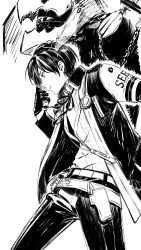 Rule 34 | 1boy, black gloves, black hair, black jacket, black pants, closed mouth, commentary request, cowboy shot, from side, gloves, hand up, highres, jacket, looking afar, machihazure, monochrome, open clothes, open jacket, pants, persona, persona 3, profile, shirt, short hair, simple background, sketch, solo, thanatos (persona), white background, white shirt, yuuki makoto (persona 3)