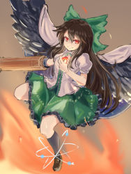 Rule 34 | &gt;:), 1girl, arm cannon, atom, black hair, black socks, black wings, bow, breasts, brown background, brown footwear, cape, commentary, feathered wings, fire, forneus 0, green bow, green skirt, grin, hair between eyes, hair bow, highres, kneehighs, loafers, long hair, looking at viewer, medium breasts, miniskirt, petticoat, puffy short sleeves, puffy sleeves, red eyes, reiuji utsuho, shirt, shoes, short sleeves, skirt, smile, socks, solo, touhou, v-shaped eyebrows, very long hair, weapon, white cape, white shirt, wings