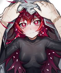 Rule 34 | 1boy, 1girl, black bodysuit, blush, bodysuit, breasts, bright pupils, collarbone, flaky (happy tree friends), flippy (happy tree friends), happy tree friends, highres, impossible bodysuit, impossible clothes, looking at viewer, mary felizola, personification, pov, pov hands, red eyes, red hair, scar, scar on arm, signature, small breasts, white pupils