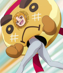 Rule 34 | &gt;:(, &gt;:d, 1girl, :d, ass, blank eyes, bodypaint, brown eyes, brown hair, costume, cowboy shot, evil smile, from below, frown, go! princess precure, hachimaki, haruyama kazunori, headband, ichijou ranko, konjou donuts-kun, no pupils, open mouth, precure, shaded face, short hair, sidelocks, smile, solo, standing, thighs, v-shaped eyebrows