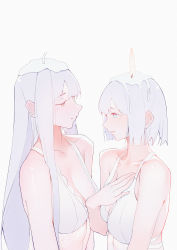 Rule 34 | 2girls, absurdres, blue eyes, bra, breasts, candle, candle wax, chinese commentary, cleavage, closed mouth, collarbone, commentary request, eye contact, fire, fire, from side, halterneck, hand on own chest, hand up, highres, large breasts, long hair, looking at another, lushi jin up, medium breasts, mole, mole under eye, multiple girls, muted color, original, personification, profile, purple hair, short hair, simple background, underwear, underwear only, upper body, white background, white bra, yellow eyes, yuri