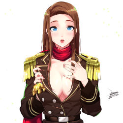 Rule 34 | 1girl, blush, breasts, brown hair, cleavage, ejami, ace attorney, lana skye, long hair, looking at viewer, open clothes, open mouth, scarf, simple background, solo, uniform, white background