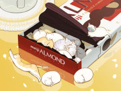 Rule 34 | almond, box, candy, cat, coffee mug, cup, doily, food, food focus, meiji (brand), mug, no humans, original, sleeping, stretching, too many, too many cats, yukihiroyuki