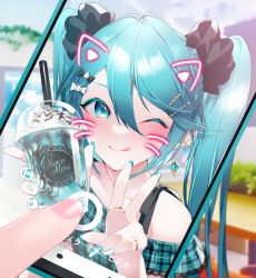 Rule 34 | 1055, 2girls, ;q, absurdres, bare shoulders, black bow, blue eyes, blue hair, blue shirt, blurry, blurry background, blush, bow, cellphone, closed mouth, collarbone, cup, depth of field, disposable cup, drawn ears, drawn whiskers, earrings, eyebrows hidden by hair, face filter, food-themed earrings, hair between eyes, hair bow, hair ornament, hairclip, hands up, hatsune miku, highres, holding, holding cup, holding phone, jewelry, lace, lace-trimmed shirt, lace trim, long hair, looking at viewer, multiple girls, nail art, nail polish, off-shoulder shirt, off shoulder, one eye closed, phone, pink nails, plaid, plaid shirt, ring, shirt, smile, solo focus, tongue, tongue out, twintails, vocaloid, white bow