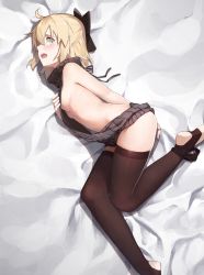 Rule 34 | 1girl, alternate costume, arm behind back, backless outfit, bad id, bad pixiv id, bare arms, bare shoulders, barefoot, bed sheet, black bow, black panties, black sweater, blonde hair, blush, bow, breasts, brown thighhighs, commentary request, covering privates, drawstring, embarrassed, eyebrows, fate (series), from above, hair bow, hand on breast, hand on own chest, highres, koha-ace, looking at viewer, looking up, lying, medium breasts, meme attire, naked sweater, okita souji (fate), okita souji (koha-ace), on side, open mouth, panties, panties around leg, profile, qiongsheng, ribbed sweater, short hair, sideboob, sideways mouth, single eyebrow, sleeveless, sleeveless turtleneck, solo, stomach, sweater, thighhighs, toeless legwear, turtleneck, turtleneck sweater, underboob, underwear, virgin killer sweater, yellow eyes