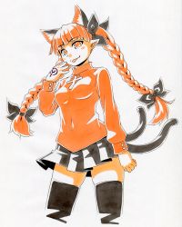 Rule 34 | 1girl, :p, alternate costume, animal ears, black thighhighs, braid, cat ears, cat tail, cosplay, fate/stay night, fate (series), highres, kaenbyou rin, kawachi koorogi, long hair, looking at viewer, marker (medium), multiple tails, name connection, nekomata, pleated skirt, pointy ears, red eyes, red hair, skirt, smile, solo, tail, thighhighs, tohsaka rin, tohsaka rin (cosplay), tongue, tongue out, touhou, traditional media, twin braids, twintails, zettai ryouiki