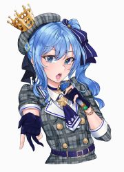 Rule 34 | 1girl, black gloves, blue eyes, blue hair, fingerless gloves, gloves, hair ribbon, hat, highres, hololive, hoshimachi suisei, long hair, looking at viewer, matching hair/eyes, microphone, open mouth, ranox, ribbon, short sleeves, side ponytail, simple background, solo, teeth, tongue, upper body, virtual youtuber, white background