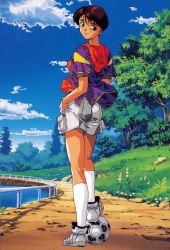 Rule 34 | 1990s (style), ball, brown eyes, brown hair, dark-skinned female, dark skin, day, full body, hands in pockets, highres, nature, non-web source, official art, outdoors, retro artstyle, shoes, short hair, short sleeves, shorts, smile, sneakers, soccer ball, socks, solo, standing, super real mahjong, tanaka ryou, toono mizuki, white socks