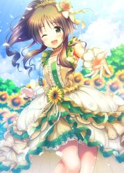 Rule 34 | 10s, 1girl, ;d, brown eyes, brown hair, center frills, flower, frills, hair flower, hair ornament, highres, idolmaster, idolmaster cinderella girls, idolmaster cinderella girls starlight stage, long hair, looking at viewer, ment, one eye closed, open mouth, ponytail, smile, solo, takamori aiko