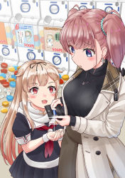 Rule 34 | 2girls, atlanta (kancolle), batsubyou, black ribbon, black serafuku, black skirt, blonde hair, blush, breasts, brown hair, clothes writing, coat, coin purse, earrings, error musume, fairy (kancolle), fingernails, gashapon, gashapon machine, grey eyes, hair flaps, hair ornament, hair ribbon, hairclip, jewelry, kantai collection, large breasts, long hair, long sleeves, mayura (lucadia), multiple girls, neckerchief, necklace, open mouth, pleated skirt, red eyes, red neckerchief, ribbon, scarf, school uniform, serafuku, short sleeves, skirt, smile, star (symbol), star earrings, two side up, white coat, white scarf, yuudachi (kancolle)