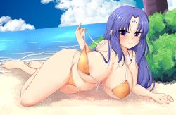 Rule 34 | 1girl, areola slip, barefoot, beach, bikini, blue hair, blue sky, blush, borrowed character, breasts, bush, cleavage, closed mouth, cloud, collarbone, commentary, commission, covered erect nipples, day, english commentary, ether core, facial mark, forehead mark, highres, horizon, huge breasts, long hair, looking at viewer, lying, navel, ocean, on side, orange bikini, original, outdoors, parted bangs, pixiv commission, purple eyes, sky, smile, solo, swimsuit, tree