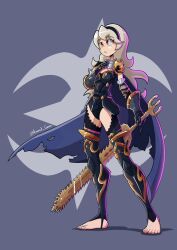 Rule 34 | 1girl, armand gman, armor, armored leotard, barefoot, black armor, black cape, black hairband, black leotard, black thighhighs, breasts, cape, cleavage, corrin (female) (fire emblem), corrin (female) (nohr noble) (fire emblem), corrin (fire emblem), expressionless, eyelashes, feet, female focus, fire emblem, fire emblem fates, full body, gauntlets, hair between eyes, hair ornament, hairband, hand on own chest, hand up, holding, holding sword, holding weapon, intelligent systems, leotard, long hair, looking afar, medium breasts, neck, neckerchief, nintendo, official alternate costume, parted lips, pointy ears, purple background, red eyes, shiny clothes, shiny skin, shoulder armor, sidelocks, signature, simple background, source request, standing, stirrup legwear, sword, thighhighs, toeless legwear, toenails, toes, torn cape, torn clothes, wavy hair, weapon, white hair, yato (fire emblem)