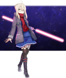 Rule 34 | 1girl, absurdres, ahoge, artoria pendragon (fate), black-framed eyewear, black coat, black footwear, black thighhighs, blue shirt, blue skirt, boots, braid, coat, duffel coat, energy sword, fate/grand order, fate (series), french braid, fringe trim, full body, garter straps, glasses, hair between eyes, highres, holding, holding sword, holding weapon, knee boots, komainu (yamaha1997), leather, leather boots, letterboxed, lightsaber, long sleeves, looking at viewer, miniskirt, mysterious heroine x alter (fate), mysterious heroine x alter (first ascension) (fate), night, night sky, open clothes, open coat, outside border, parted lips, plaid, plaid scarf, pleated skirt, red scarf, scarf, semi-rimless eyewear, shirt, short hair, short hair with long locks, skirt, sky, solo, standing, star (sky), starry sky, striped clothes, striped skirt, sword, thighhighs, under-rim eyewear, weapon, yellow eyes, zettai ryouiki