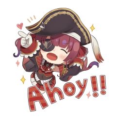Rule 34 | 1girl, :d, ^ ^, anchor symbol, arrow (projectile), arrow through heart, bicorne, black hat, black jacket, black leotard, blush, chibi, closed eyes, commentary request, covered navel, epaulettes, eyepatch, facing viewer, fang, full body, gloves, hair ribbon, hat, heart, highres, hololive, houshou marine, jacket, leotard, leotard under clothes, long hair, long sleeves, open clothes, open jacket, open mouth, pleated skirt, red hair, red ribbon, red shirt, red skirt, ribbon, shirt, simple background, skirt, sleeveless, sleeveless shirt, sleeves past fingers, sleeves past wrists, smile, solo, sparkle, totatokeke, twintails, v-shaped eyebrows, virtual youtuber, white background, white gloves