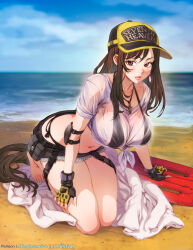 Rule 34 | 1girl, artist name, barefoot, baseball cap, beach, bikini, bikini under clothes, black bikini, black gloves, black hair, blue sky, breasts, brown eyes, cloud, cloudy sky, collaboration, crop top, curvy, day, denim, denim skirt, earrings, elbow pads, final fantasy, final fantasy vii, final fantasy vii ever crisis, fingerless gloves, frayed clothes, frayed skirt, front-tie top, full body, gloves, grey skirt, hand on own thigh, hat, highleg, highleg bikini, horizon, jewelry, kneeling, large breasts, lifeguard, long hair, looking at viewer, low-tied long hair, midriff, mina cream, navel, ocean, official alternate costume, outdoors, parted lips, sand, see-through, see-through shirt, shirt, short sleeves, side-tie bikini bottom, single earring, skirt, sky, solo, surfboard, swimsuit, teardrop earrings, thighs, tied shirt, tifa lockhart, tifa lockhart (lifeguard), two-tone headwear, water, wet, wet clothes, wet shirt, whistle, whistle around neck, white shirt