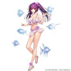 Rule 34 | 1girl, angelfish, bare shoulders, bikini, bracelet, breasts, cleavage, collarbone, damselfish, fate/grand order, fate (series), fish, flower, full body, hair between eyes, hair flower, hair ornament, jewelry, koyama hirokazu, large breasts, long hair, looking at viewer, microskirt, navel, off-shoulder bikini, off shoulder, official art, purple bikini, purple hair, red eyes, sandals, scathach (fate), scathach skadi (fate), scathach skadi (swimsuit ruler) (fate), scathach skadi (swimsuit ruler) (first ascension) (fate), see-through, skirt, smile, solo, surgeonfish, swimsuit, transparent background, tropical fish, twintails