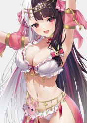 Rule 34 | 1girl, :d, arm up, armpits, aya (lezon), bikini, black hair, blush, bow, breasts, cleavage, commentary, cowboy shot, detached sleeves, frilled bikini, frills, hair bow, hair ornament, hair ribbon, highres, large breasts, long hair, looking at viewer, multicolored hair, navel, nijisanji, open mouth, pink hair, pink ribbon, rabbit hair ornament, red bow, red eyes, ribbon, see-through, see-through sleeves, short sleeves, sidelocks, simple background, smile, solo, split-color hair, standing, stomach, streaked hair, swimsuit, very long hair, virtual youtuber, white background, white bikini, white bow, white hair, yorumi rena, yorumi rena (7th costume)