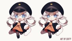 Rule 34 | 1girl, animal ears, black headwear, black jacket, blue eyes, chibi, clenched hands, commentary, commission, coojisan, dress, english commentary, franziska van wulfen, fur trim, indie virtual youtuber, jacket, long hair, low twintails, multiple views, open hands, open mouth, orange dress, pout, second-party source, sharp teeth, smile, teeth, twintails, virtual youtuber, white background